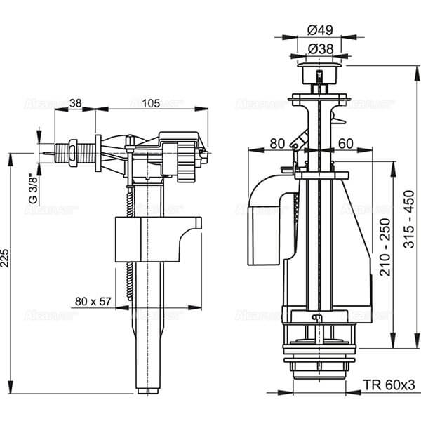 Арматура для унитаза 3/8 двойной смыв Alcaplast SA08 Арматура для унитаза 3/8 двойной смыв Alcaplast SA08