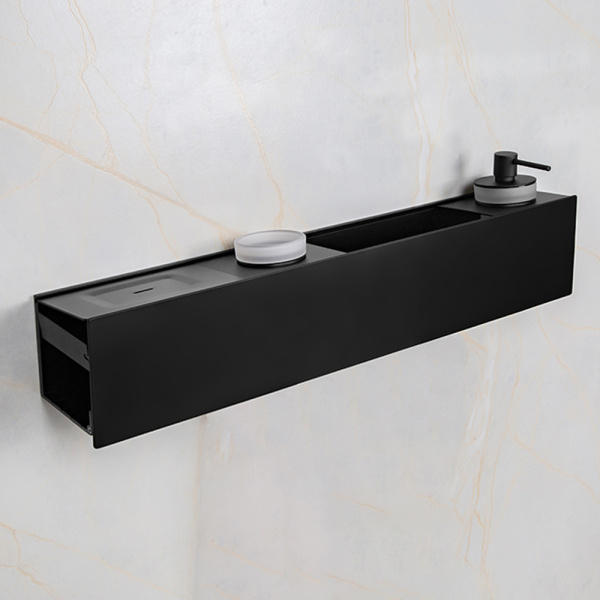 Полка AVS King, 65 см, черный матовый, с мыльницей, дозатором и стаканом Полка AVS King, 65 см, черный матовый, с мыльницей, дозатором и стаканом