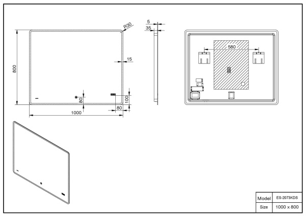 Зеркало 1000х800 Led антизапотевание часы Esbano ES-2073KDS Зеркало 1000х800 Led антизапотевание часы Esbano ES-2073KDS